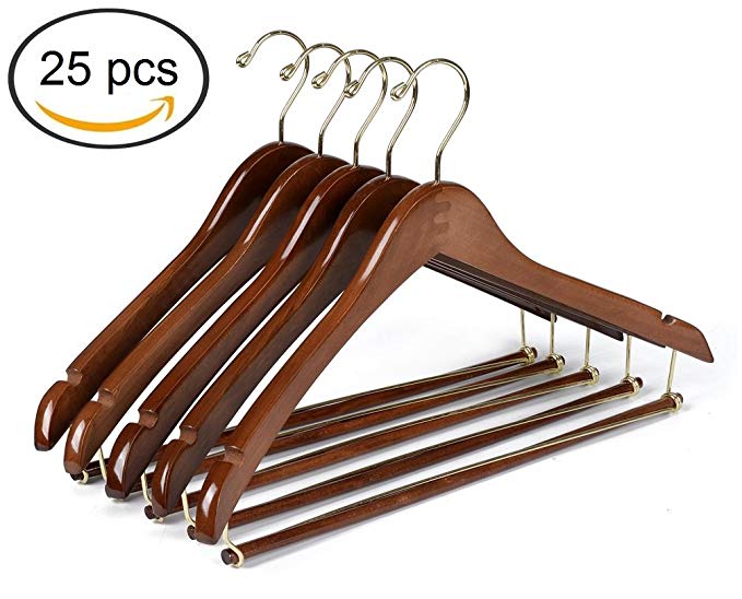 Quality Hangers 25 Curved Wooden Hangers Beautiful Sturdy Suit Coat Hangers with Locking Bar Gold Hooks (25)