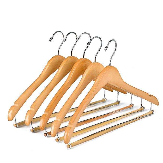 Quality Hangers Wooden Hangers Beautiful Sturdy Suit Coat Hangers with Locking Bar Glossy Natural Wood (5)