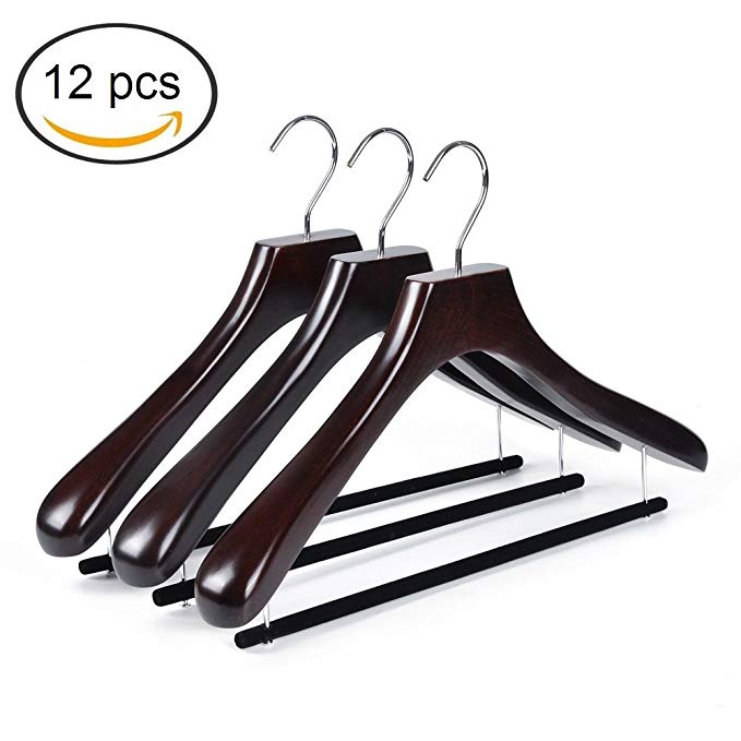 Quality Real Luxury Wooden Curved Suit Hangers Contour Body with Velvet Bar for Coats and Pants Mahogany Finish (12)