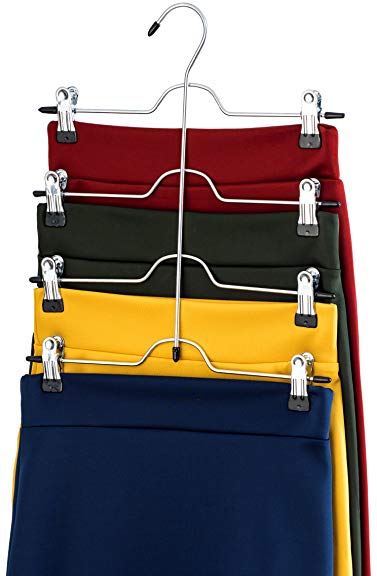 ZOBER Space Saving 4 Tier Trouser Skirt Hanger (Set of 6) Sturdy Luxurious Chrome with Non Slip Black Vinyl Clips, Multi Pants Hanger for Skirts, Pants, Slacks, Jeans, and More.